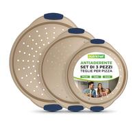 Nutrichef Set 3 Teglie da Forno per Pizza con Manici in Silicone, Teglie Forno Antiaderenti e con Fori Perforati, Acciaio al Carbonio, Formati Piccolo, Medio e Grande, Oro