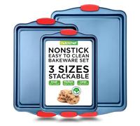 NutriChef Set 3 Teglie Forno Antiaderenti in Acciaio al Carbonio con Manici in Silicone, Teglie da Forno Grandi Medie e Piccole per Biscotti, Dolci, Pane, Blu