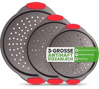 NutriChef Set 3 Teglie Pizza Antiaderenti 24 cm, 28 cm e 33 cm con Manici in Silicone