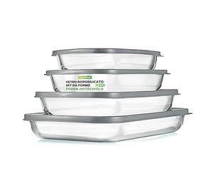 NutriChef Set 4 Pezzi Stampo per Lasagna, Dolci e Pasta, Tiramisu, Contenitori Vetro per Alimenti, Ideale per Verdura e Frutta, Freezer, Forno, Lavastoviglie, Coperchio senza BPA, Grigio