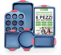 NutriChef Set 6 Teglie da Forno Antiaderente, Acciaio Carbonio, Manici Silicone, Adatto Forno 230°C, Pirofila Pane, Teglia Muffin, Arrosto, Biscotti