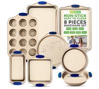 NutriChef Set 8 Pezzi Teglie Forno Antiaderenti in Acciaio al Carbonio con Manici Blu, Include Teglie da Forno per Pizza, Pane, Dolci, Torta, Biscotti, Stampo Muffin e Stampo Plumcake
