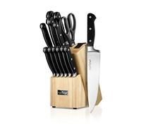 NutriChef Set Coltelli da Cucina 13 Pezzi con Ceppo in Legno, Acciaio Inox di Precisione, con Forbici e Affilatore Integrato, Leggeri, Resistenti, Lavabili in Lavastoviglie