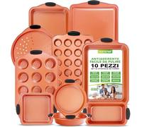 NutriChef Set di 10 Pezzi di Teglie da Forno Antiaderenti in Acciaio Carbonio, Include Lame per Biscotti, Stampo Muffin e Torte, Croccante per Pizza, con Manici in Silicone, Rame