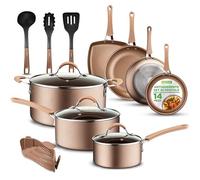 NutriChef Set di 14 Pentole e Padelle Antiaderenti Senza PFOA/PFOS, Lacca Resistente al Calore, Oro Lucido