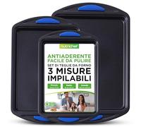 NutriChef Set di 3 Teglie da Forno Antiaderenti, Teglie Forno Impilabili in Acciaio al Carbonio con Manici in Silicone, Atossiche, Resistenti e Facili da Pulire