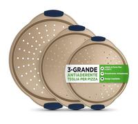 NutriChef Set di 3 teglie per pizza dorate, diametro 24 cm, 28 cm e 33 cm, forate e antiaderenti, in acciaio al carbonio, con manici in silicone, impilabili e lavabili in lavastoviglie, per pizza
