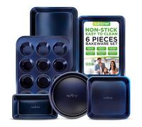 NutriChef Set di 6 Pezzi di Utensili da Pasticceria Antiaderenti - Set di Teglie da Pasticceria con Rivestimento Diamante Blu Antiaderente - Adatto per il Forno fino a 450°F, Teglie Rotonde per Torte