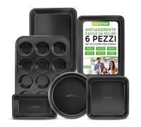 NutriChef Set di 6 Teglie da Forno Antiaderenti in Acciaio al Carbonio, Teglie Forno per Biscotti, Muffin, Torte e Pane, Resistenti ai Graffi, Lavabili in Lavastoviglie, Nero