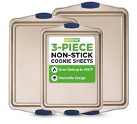 Set di 3 teglie antiaderenti in acciaio al carbonio PFOA, PFOS, PTFE-FE, manici in silicone blu resistente al calore, adatti al forno fino a 230 °C, per biscotti, piccole, medie e grandi