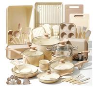 NutriChef Set di pentole, 54 pezzi, pentole, utensili da cucina, marrone tortora, con coltelli, teglie, accessori per induzione, a gas, elettrica, sana e povera di grassi