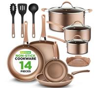 NutriChef Set di pentole antiaderenti marroni da 14 pezzi, resistenti ai graffi, con coperchi e utensili, per tutti i piani cottura (marrone)