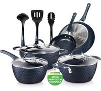 Nutrichef Set di Pentole e Padelle Antiaderenti da 11 Pezzi Excilon per la Cucina, con Coperchi e Utensili Liberi da PTFE/PFOA/PFOS, Blu Diamante