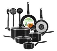 NutriChef Set di pentole e padelle antiaderenti da 13 pezzi, con casseruola, padelle, pentole, casseruola, coperchi, mestolo, forchetta, colino, resistente al calore, senza PFOA, nero