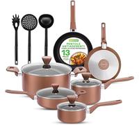 NutriChef Set di Pentole e Padelle Antiaderenti da 13 Pezzi, Resistenti al Calore, con Pentolino, Padelle, Pentole, Casseruola, Coperchi e Utensili, Marrone