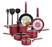 NutriChef Set di Pentole e Padelle Antiaderenti da 13 Pezzi, Resistenti al Calore, con Pentolino, Padelle, Pentole, Casseruola, Coperchi e Utensili, Rosso