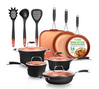 NutriChef Set di Pentole e Padelle Antiaderenti in Rame da 14 Pezzi con Coperchi, Rivestimento a 3 Strati, Padella Antiaderente Professionale, Compatibile con Tutti i Piani Cottura Gas e Forno