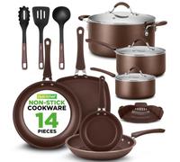 NutriChef Set di pentole e padelle impilabili, set di pentole in ceramica antiaderente, set di pentole per piano cottura a induzione, set di cottura premium con coperchio, resistente al calore, 14