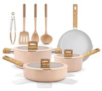 NutriChef Set Pentole e Padelle 14 Pezzi in Ceramica, Compatibili Induzione, Coperchio in Vetro, Manici Antiscottatura, Lavabili in Lavastoviglie, Mestolo, Pinze e Spatola Inclusi, Rosa