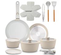 NutriChef Set di Utensili da Cucina in Ceramica da 18 Pezzi con Manici Staccabili, Pentole e Padelle Antiaderenti, Rivestimento Ceramico Naturale Senza PTFE, Design Salvaspazio, Compatibile, Crema