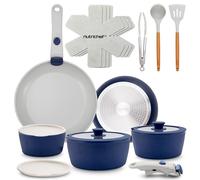 NutriChef Set Pentole e Padelle in Ceramica 18 Pezzi con Manici Removibili, Antiaderenti senza PTFE, Design Salvaspazio, per Forno e Piano Cottura, Blu