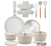 NutriChef Set Pentole e Padelle in Ceramica 18 Pezzi con Manici Removibili, Antiaderenti senza PTFE, Design Salvaspazio, per Forno e Piano Cottura, Crema