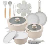 NutriChef Set Pentole e Padelle in Ceramica 18 Pezzi con Manici Removibili, Antiaderenti senza PTFE, Design Salvaspazio, per Forno e Piano Cottura, Crema