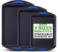 NutriChef Set Teglie Forno 3 Pezzi, Teglie da Forno Antiaderenti in Acciaio al Carbonio con Manici in Silicone per Pizza, Pane, Dolci, Biscotti, Senza PFOA PFOS PTFE