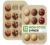 NutriChef Stampo per muffin/pasticceria per cottura a teglia antiaderente, stampo per muffin, 2 pezzi con 12 cavità, vassoio impilabile in acciaio al carbonio, compatibile con lava, vasellame, oro