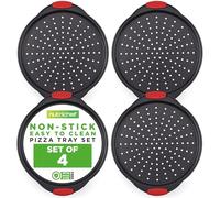 Nutrichef Teglia per pizza antiaderente con manici in silicone, confezione da 4 teglie rotonde antiaderenti in acciaio con fori perforati, vassoi per pizza con silicone e manici oversize, lavabili in