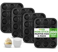 NutriChef Teglie per muffin da forno, confezione da 4, antiaderenti, 12 stampi per cupcake, in acciaio al carbonio, impilabili, lavabili in lavastoviglie e in forno, include 200 fodere di carta