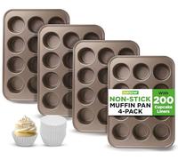 NutriChef Teglie per muffin da forno, confezione da 4, antiaderenti, 12 stampi per cupcake, in acciaio al carbonio, impilabili, lavabili in lavastoviglie e in forno, include 200 fodere di carta