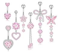NUUOTP Set di 7 piercing per ombelico a forma di fiore, in acciaio chirurgico, colore argento, rosa, con farfalla e cuore, Taglia unica, Acciaio inossidabile, zircone, Zirconia cubica