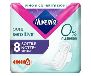 Nuvenia - Assorbente Pure Sensitive Sottile Notte con Ali - Confezione da 8 Assorbenti