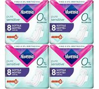 Nuvenia Assorbenti Pure Sensitive Sottili Notte con Ali, 32 Pezzi | Protezione Notturna, Superficie Delicata per Pelli Sensibili