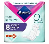 Nuvenia Assorbenti Pure Sensitive Sottili Notte con Ali, 8 Pezzi | Protezione Notturna, Superficie Delicata per Pelli Sensibili
