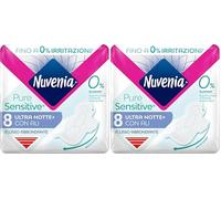 Nuvenia Assorbenti Pure Sensitive Ultra Notte con Ali, 16 Pezzi | Superficie Delicata per Pelli Sensibili, Protezione Notte con Ali, Confezione da 16 Assorbenti