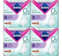 Nuvenia Assorbenti Pure Sensitive Ultra Notte con Ali, 32 Pezzi | Superficie Delicata per Pelli Sensibili, Protezione Notturna