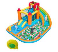 NuvlaGu Castello gonfiabile per bambini, 5 in 1, con ventilatore, parco acquatico gonfiabile con scivolo, superficie di salto, piscina e rete da calcio, per esterni, in tessuto Oxford