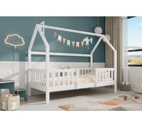 NuvlaGu Lettino per bambini con camino, robusta rete a doghe, in legno di pino per bambini, 90 x 200 cm, senza materasso, bianco (senza cassetti)