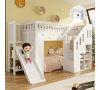 NuvlaGu Letto a castello 90 x 200 cm, letto a soppalco per bambini con scivolo, scala di stoccaggio e protezione da caduta, letto per ragazzi con striscia luminosa a LED, in legno massiccio, bianco