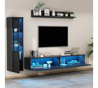 NuvlaGu Mobile da parete per TV, 3 pezzi, con illuminazione a LED, colore nero, lucido, set di mobili da soggiorno con TV Lowboard, vetrina e mensola da parete, moderno, per grandi televisori fino a