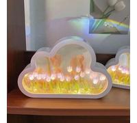 Nuvola Tulipano Specchio Luce Notturna, Luce Notturna Specchio, LED Tulip Lampada da Tavolo, Simulazione Fiore Camera da Letto Dormire Lampada da Tavolo, Soggiorno Comodino Desktop Orn, Purple