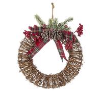 NUVOLE DI STOFFA Ghirlanda Natalizia per Porta con pigne innevate e Bacche e Fiocco Tartan Scozzese, fuoriporta per Esterno Vintage Shabby Chic D24x6 cm