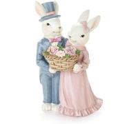 NUVOLE DI STOFFA Statuina Coppia conigli con cestino, decoro pasquale in resina 9.5x7x16 cm