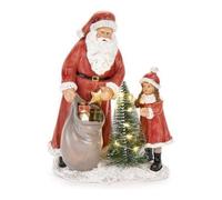 NUVOLE DI STOFFA Statuina Natalizia Babbo Natale con Bambina in Resina e luci LED, Vintage, Cartolina di Natale 15x11x18.5 cm
