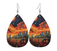 Nuvole rosse e treni Orecchini in pelle a forma di lacrima, set da 2, ganci per le orecchie placcati in argento 925, antiruggine, con tappi per le orecchie, adatti per feste, San Valentino