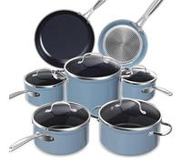 Nuwave Batería de Cocina 12PZA en Cerámica Duralon Blue Antiadherente, Libre de PFAS, Compatible con Inducción, Lavavajillas y Horno, Diamante Infundido y Resistente a Rayaduras, Tapas de Vidrio