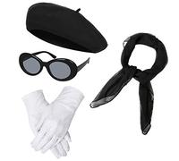 NUWIND Set di accessori per costumi 1940s Cappello da berretto francese classico vintage, Cappelli di lana Berretti Berretti Cappelli, Sciarpa in chiffon, guanti, occhiali da sole ovali retrò (nero)