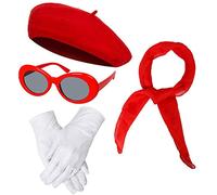 NUWIND Set di Accessori per Costumi 1940s Cappello da Berretto Francese Classico Vintage, Cappelli di Lana Berretti Berretti Cappelli, Sciarpa in Chiffon, Guanti, Occhiali da Sole ovali retrò (Rosso)